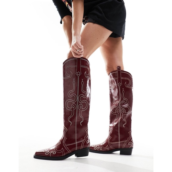 Public Desire Shoes - Public Desire | Serpentine Burgundy Snake Embroidered Knee High Western Boots 8